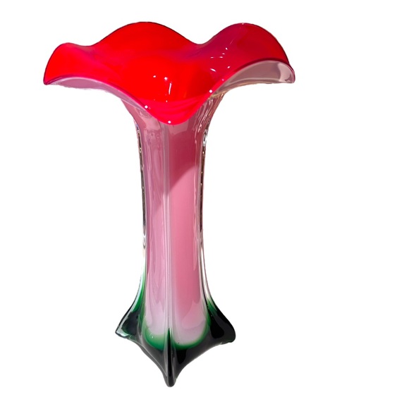 Red Amaryllis 5 Petal Murano Style Glass Cased 14.5” Vase - Picture 1 of 9